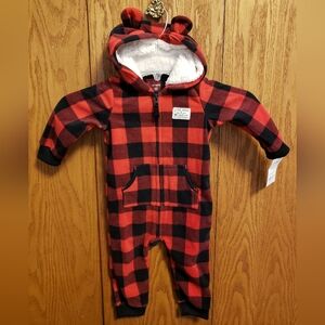 NWT Carter's Red and Black Plaid Hooded Jumpsuit 12 Months